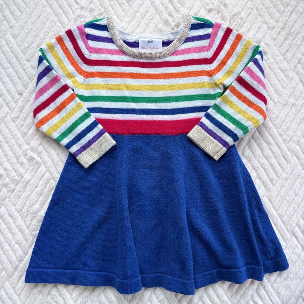 Hanna Andersson Size 90 3T Rainbow Stripe Cotton Knit Sweater Dress Girls Blue